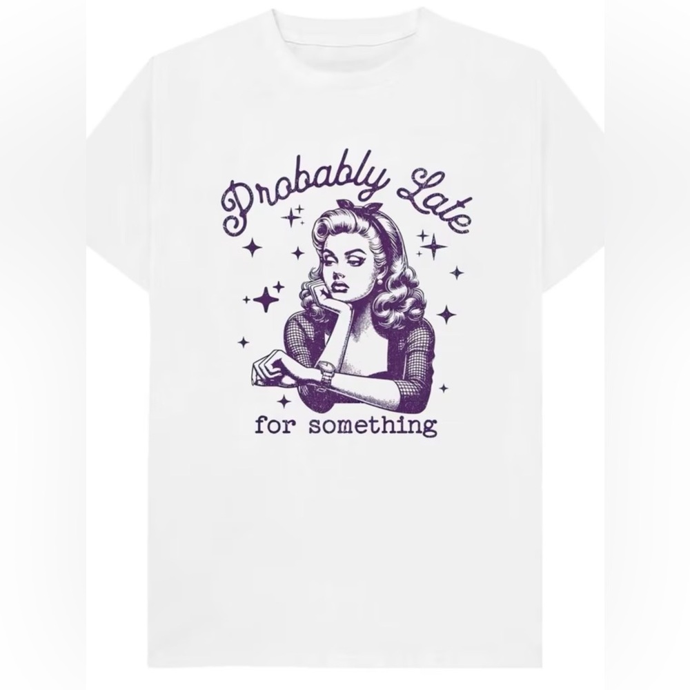 Late For Something Print Tee Shirt Blue Lettering L White Cotton Unisex